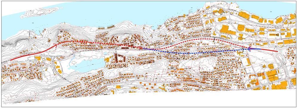 Et kart som viser dagens reguleringsplan og nytt forslag til linje for tunellen.  - Klikk for stort bilete