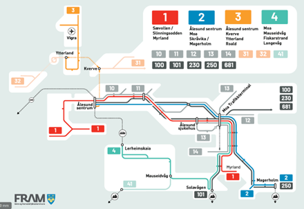 Oversikt over busslinjer og linjekart - Klikk for stort bilete