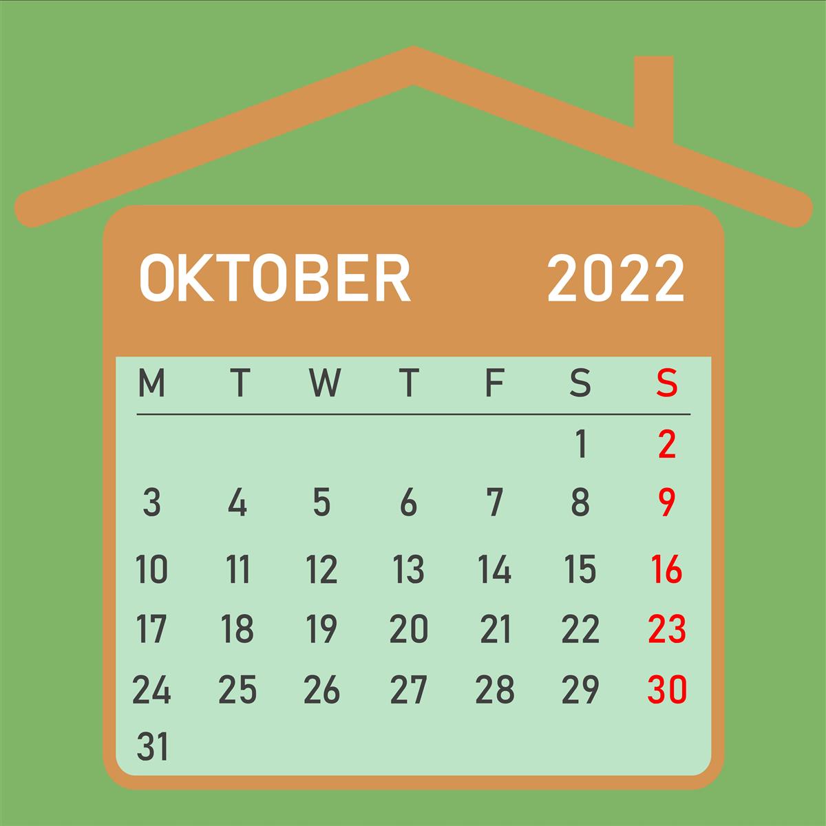 Illustrasjon av kalendartak med oktobermånad under hustak - Klikk for stort bilete