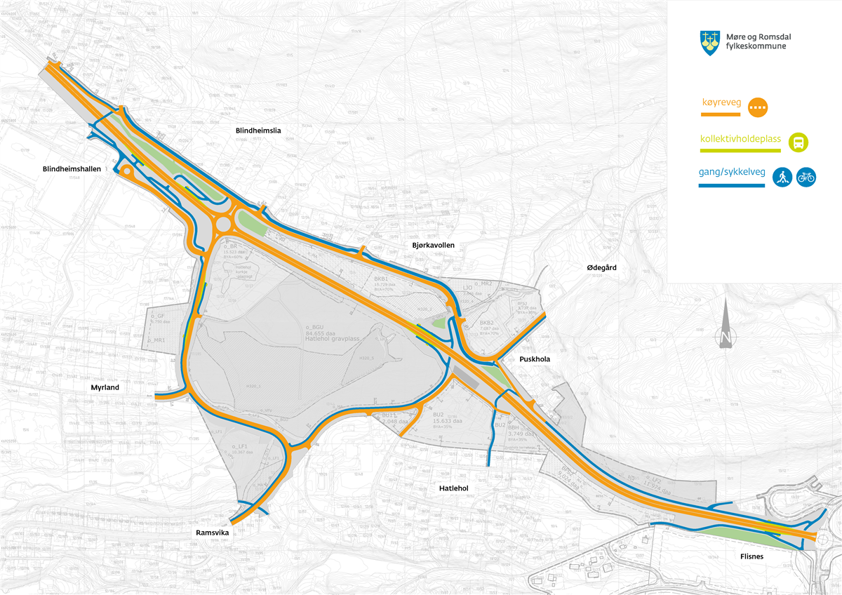 Eit kart som viser nye køyrevegar, kollektivholdeplassar og gang- og sykkelvegar i prosjektet Blindheim-Flisnes. - Klikk for stort bilete