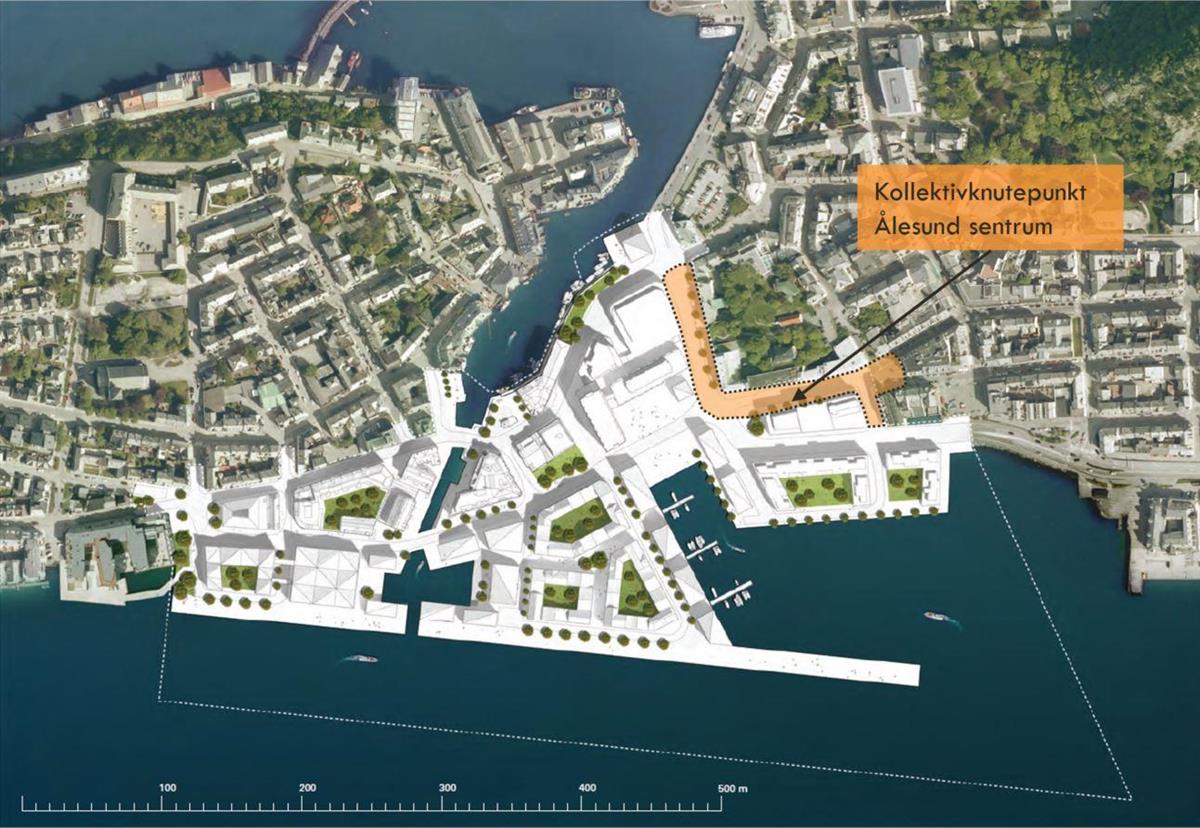 Illustrasjon som viser kvar kollektivknutepunktet i Ålesund sentrum skal ligge, i Keiser Wilhelms gate og Korsegata.  - Klikk for stort bilete
