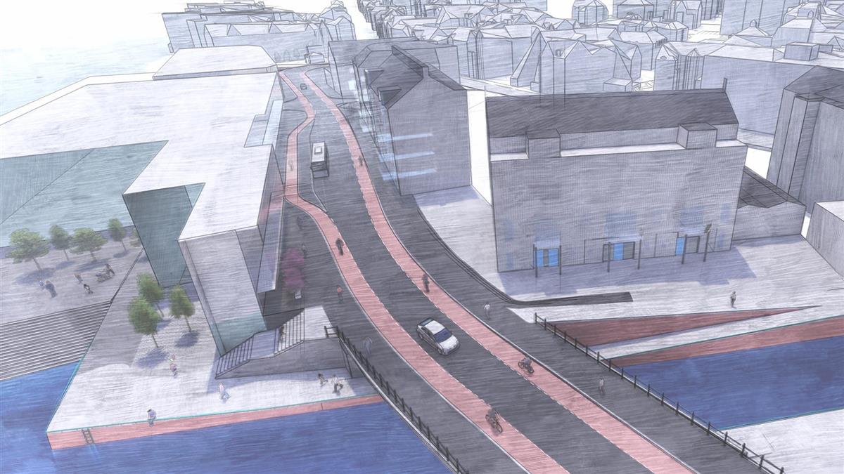 Illustrasjon over korleis den nye brua ved sørsida i sentrum vil sjå ut. - Klikk for stort bilete